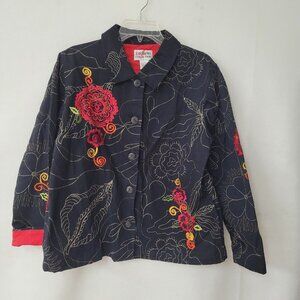 Tantrums Collection Embroidered Floral Jacket Navy Red‎ Cotton Womens Size L